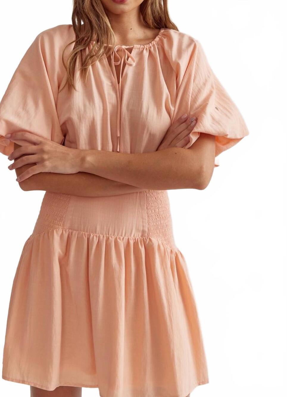 NEW ENTRO puff sleeve mini dress in peach